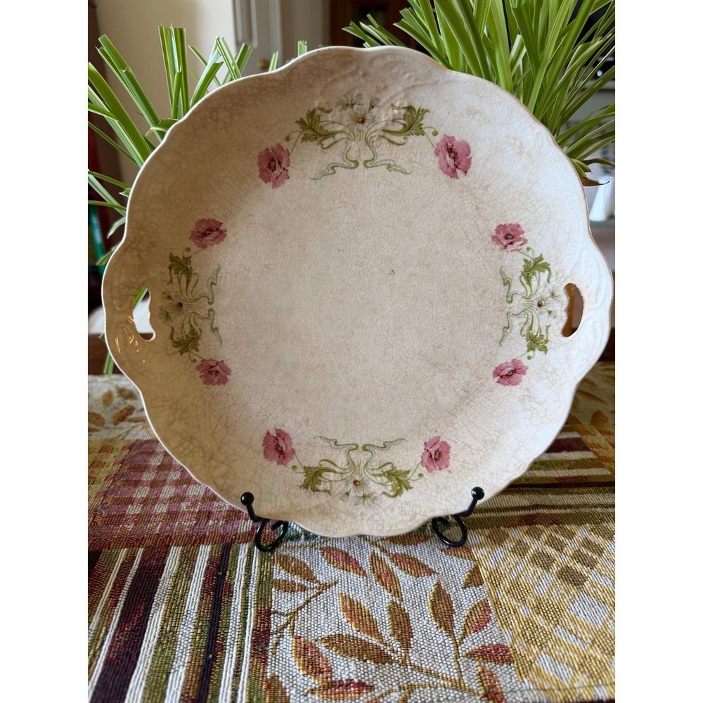 Antique Handled Cake Plate - Art Nouveau Pink Poppy Floral Tray Crazed & Toasty